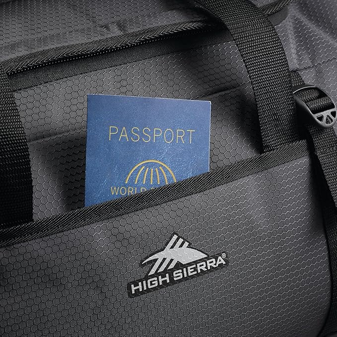 High Sierra Fairlead Travel Overnight Duffel Backpack Gym Bag with Padded Handles, Compression Straps, and Multiple Pockets, Mercury/Black