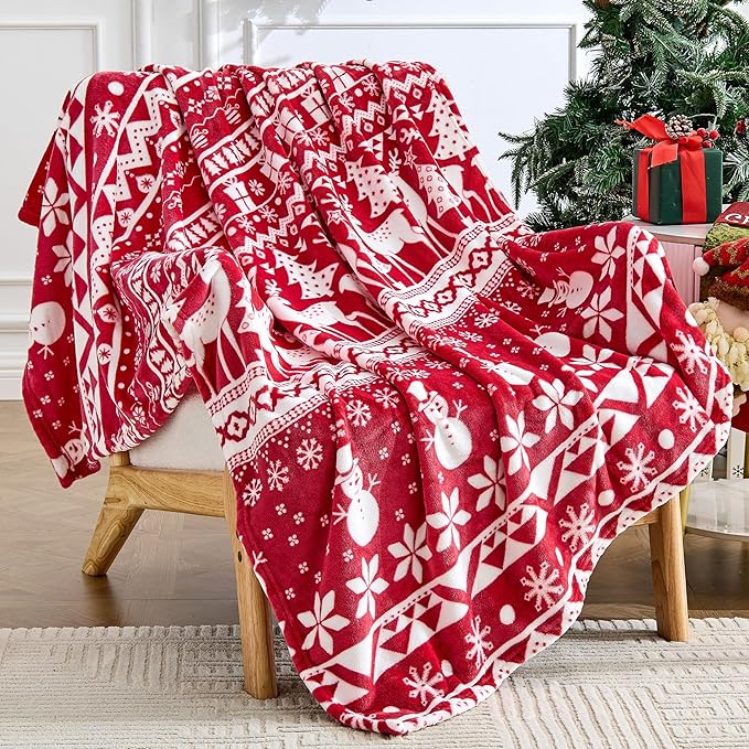 Christmas Blanket Soft Cozy Fleece Throws with Snowman Snowflake Reindeer and Xmas Trees Print, Fuzzy Warm Christmas Throw Blanket for Couch Bed Holiday Decorations Gifts 50"x60" (Red)