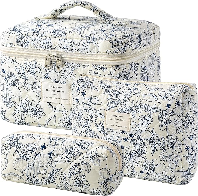 HBselect Quilted Makeup Bag, 3PCS Cotton Large Travel Makeup Bag, Cute Floral Coquette Make up Bag Cosmetic Bag Toiletry Bag for Women Girls