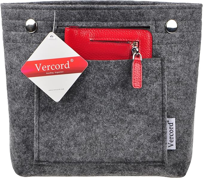 Vercord Mini Slim Small Felt Purse Organizer Insert Inside Handbag Tote Pocketbook for Women Grey