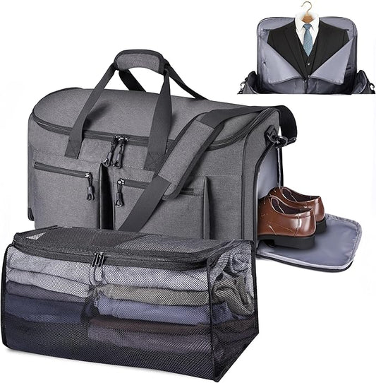HILOMON Convertible Duffle Bags for Travel Carry On Suit Duffle Bags with Shoulder Strap 2 in 1 Hanging Garment Duffle Bag for Men Women (Gray Mesh Storage)