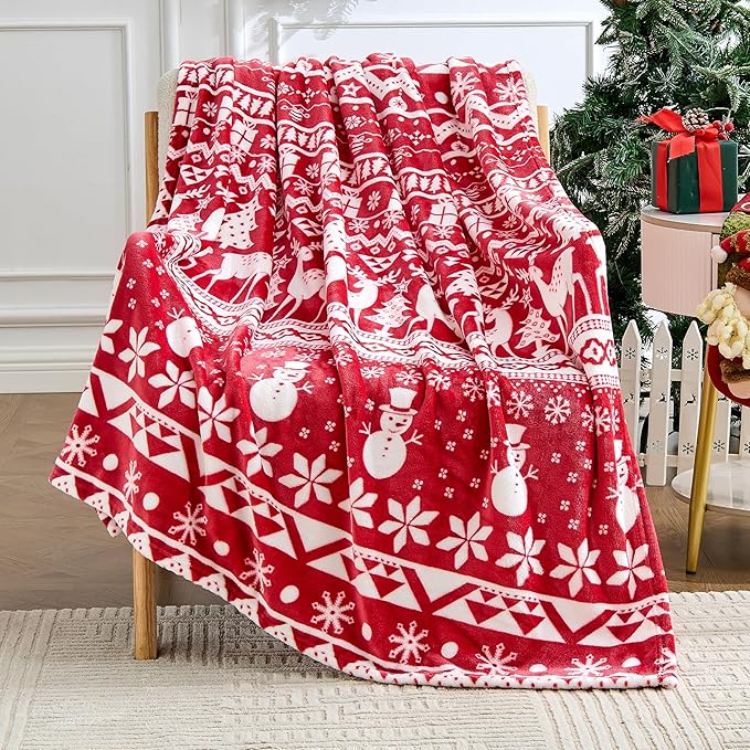 Christmas Blanket Soft Cozy Fleece Throws with Snowman Snowflake Reindeer and Xmas Trees Print, Fuzzy Warm Christmas Throw Blanket for Couch Bed Holiday Decorations Gifts 50"x60" (Red)
