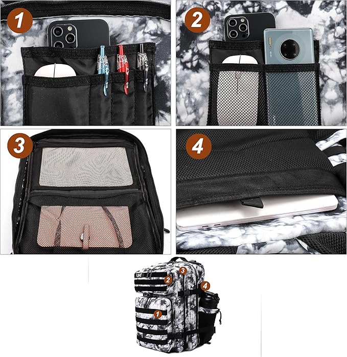 LHI Military Tactical Backpack for Men Molle Daypack 45L Army 3 Days Assault Pack Bag Large Rucksack With Bottle Holder Black and White(12*20*12)