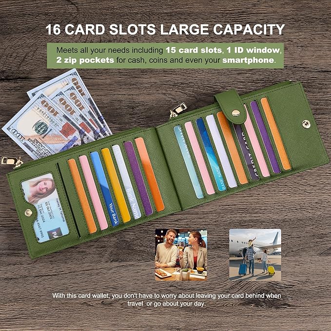 Travelambo RFID Wallet Women Large Size Bifold Multi Card Wallet Case with Zipper Pocke Credit Card Holder for Women