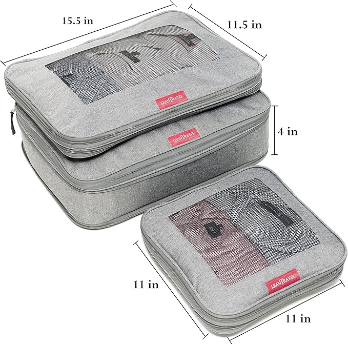 LeanTravel Premium Compression Packing Cubes for Travel - Suitcase Organizer Bags with Double Zipper & Breathable Mesh Panel - Space Saving Carry On Luggage Essentials (3-Pack, Grey)